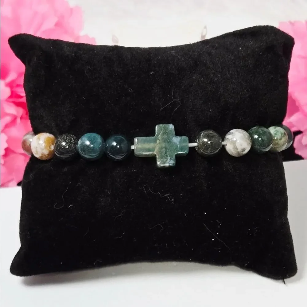 Natural Indian Agate Green Aventurine Cross Stretch Bracelet Christian Gift